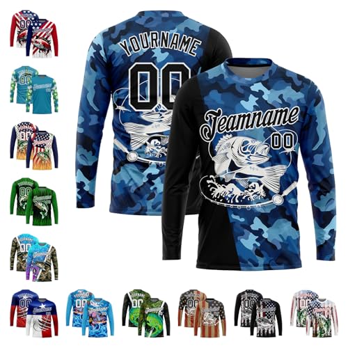 Custom Novelty Fishing Shirt for Men Teens, Long Sleeve Graphic Tees Football Jersey Tops Printed Name/Number - Main Image