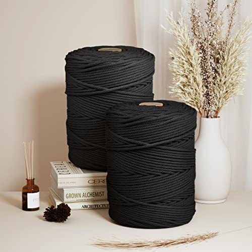 Image of ZUEXT Macrame Cord, Black, 5mm x 328yds Cotton String Macrame Yarn