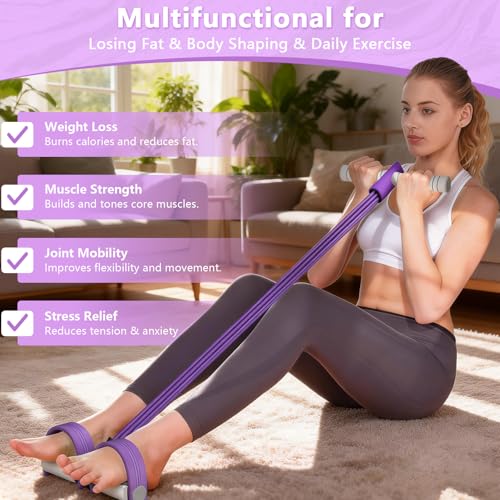 Image of Pedal Resistance Band with Handle, 8-Tubes Multifunction Pedal Resistance Band, Natural Rubber Foot Pedal Resistance Band, Exercise Bands with Handles for Abdomen, Waist, Arm, Leg, Purple