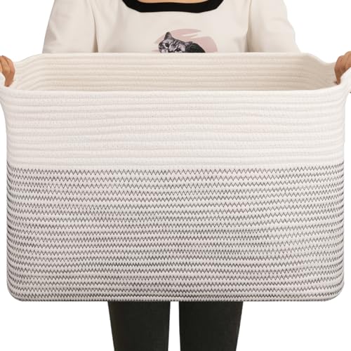 Image of OIAHOMY Large Blanket Basket, 65L Cotton Rope Woven Laundry Basket, Toy Bin for Baby Room, Container for Blanket Storage in Living Room, 20''x16''x12'', Black & White