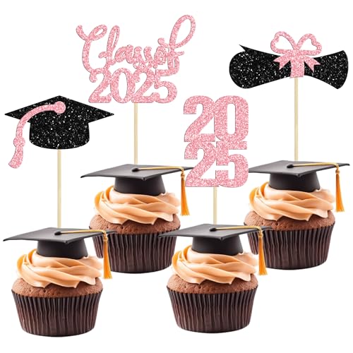 36 Pack 2025 Graduation Theme Cupcake Toppers Glitter Class of 2025 Diploma Graduation Cap Cupcake Picks 2025 Graduation Theme Party Cake Decorations Supplies Pink