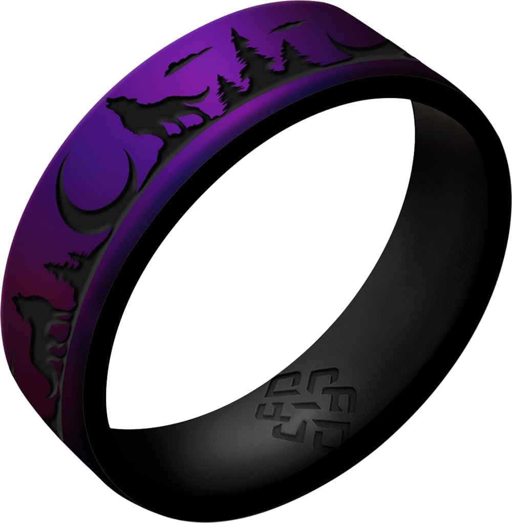 Knot Theory Wolf Silicone Ring for Men - Antique Gold, Cosmic Purple, Dark Silver, Enchanted Green, Metal Blue Dual Layer Breathable Comfort Fit 6mm Bandwidth
