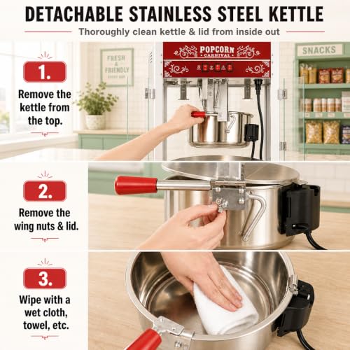 Image of Commercial Popcorn Machine With 28 OZ Kettle for Theater Style, Red | Countertop Popcorn Machine Stainless Steel, 3-Switch Control, for Home, Movie Night, Parties, Office, School, Business