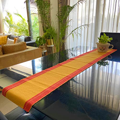 Image of Rangbhar Handloom Ribbed Cotton Table Runner for Living /Dining Room /Home Decor, Anti Skid, Reversible, Machine Washable, 12 X 72 inches, Striped, Red Mustard