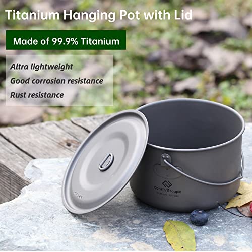 Cook'n'escape 1300Ml Titanium Hanging Pot With Lid Cookware Pot With Collapsible Foldable Bail Handle Outdoor Camping Drinking Cup Backpacking Hiking Campfire, Grey #TOP1