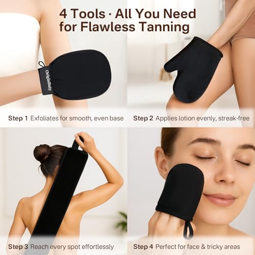 Image of Tanning Glove & Exfoliating Mitt Duo - 4-Piece Kit for Sunless Tanner Application - Washable, Streak-Free, Works with Mousse & Lotion
