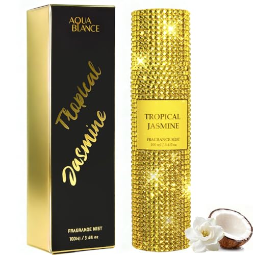 AQUA BLANCE Body Spray for Women, Tropical Jasmine, Diamond embellished Fragrance Mist, 3.4 fl oz, Notes of Coconut, Green Apple, Jasmine
