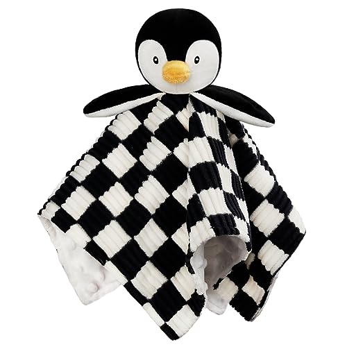 Image of BEILIMU Baby Lovey Blanket for Boys Girls Super Soft Checkerboard Gingham with Minky Dot Fabric Backing Penguin Stuffed Animal Lovely Snuggle Toy Black 14 Inch