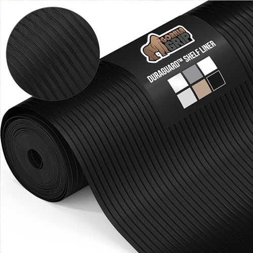 GORILLA GRIP DuraGuard Shelf Liner, Non-Adhesive Cabinet Liners for Kitchen Drawers, Shelves, Refrigerator, Pantry Storage, Bathroom Closet, Durable Waterproof BPA Free Ribbed Plastic, 12x10 Jet Black