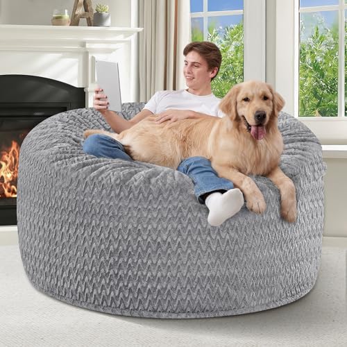 Image of HABUTWAY 4FT Bean Bag Chair,Giant Bean Bag Chairs for Adults,Big Bean Bags with Memory Foam Filled, Large Beanbag Chairs with Chevron Plush Cover-Grey
