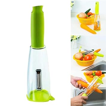 Vegetable Peeler with Attached Container Multi Functional Non Slip Handle | Stainless Steel Blade Perfect for Kitchen Fruits and Vegetables prep Tool with Built in Container