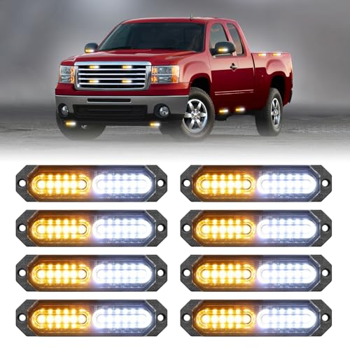 HLauto 1200T Emergency Strobe Grille Lights: 8pcs 12 LED Sync Feature Safety Warning Flashing Lights Ultra Slim Surface Mount Hazard Caution Light for Trucks Vehicles Car ATV UTV (Amber White)