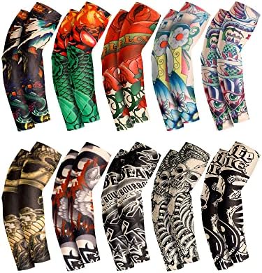 Boao 10 Pairs Men&#39;s Cooling Arm Sleeves Long Fingerless Arm Cover Anti Slip UV Protection Sports Temporary Tattoo Arm Sleeves