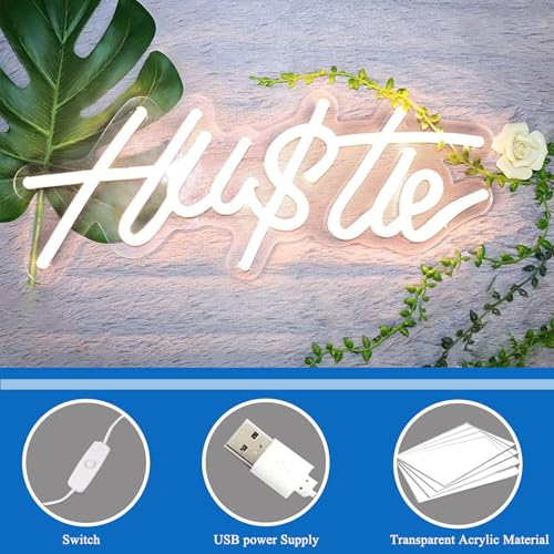 Image of HUSTLE Neon Signs for Wall Decor, Hustle Words LED Neon Lights for Bedroom Man Cave Dorm Gym Room Office Room, USB Powered, Humble Led Neon Light Sign for Party Decorations (Hustle2)
