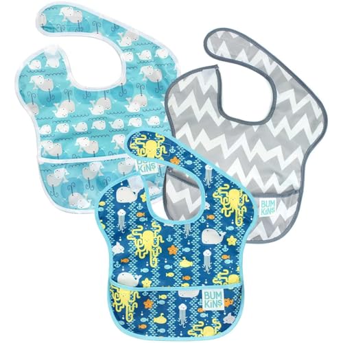 Bumkins Bibs, Baby Bibs for Girl or Boy, SuperBib Baby and Toddler Bib for 6-24 Months, Baby Bib for Eating, Feeding Bib, Waterproof Lightweight Fabric – Sea Friends