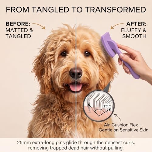 Image of Wooden Long Pin Slicker Brush for Dogs, Doodles, Poodles, Long Hair | Grooming, Detangling, and Fluffing for Wavy and Curly Hair-Designed for Heavy, Thick Coats to Prevent Matting at Home. Purple