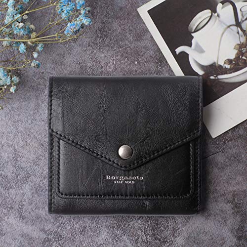 Borgasets Women's RFID Blocking Small Compact Bifold Leather Pocket Wallet Ladies Mini Purse (Carbon black)