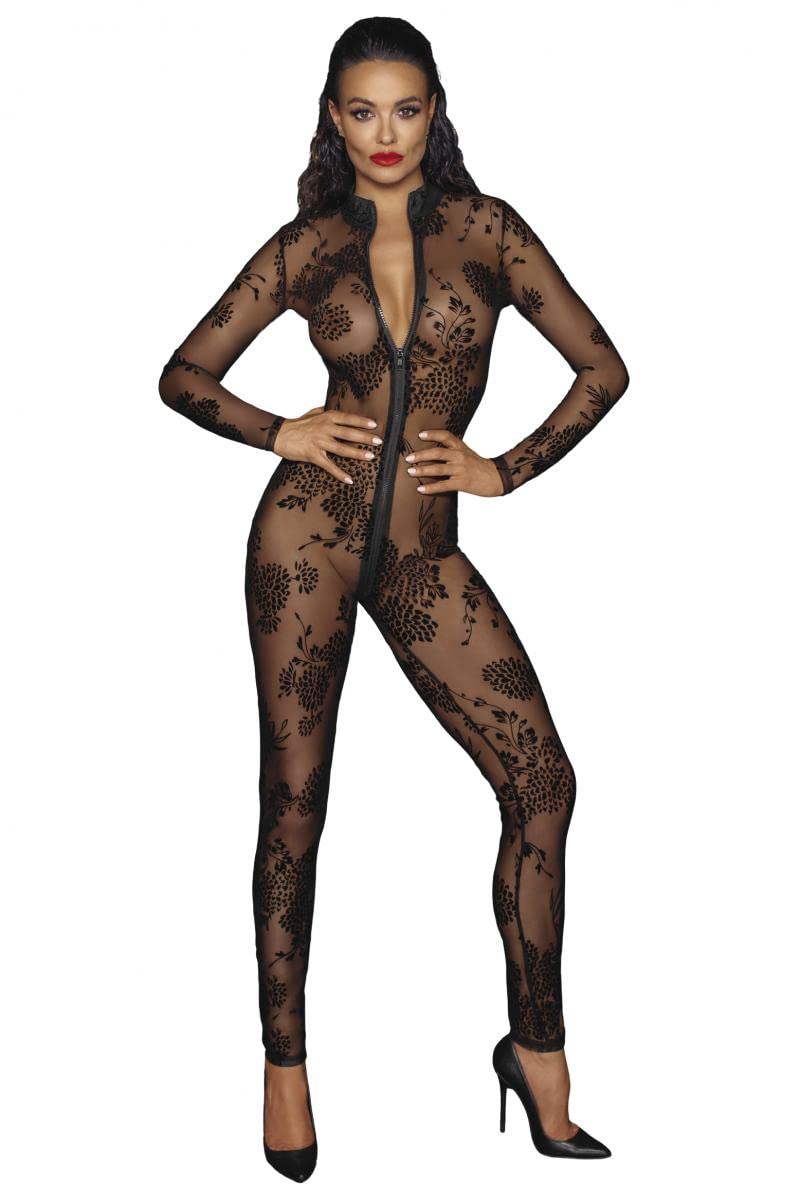 .Noir Handmade Schwarzer transparenter Damen Overall aus Tüll Stickerei mit Reißverschluss und Langen Ärmel dehnbar