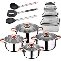 Cazuelas De Cobre Antiguas San Ignacio Premium - Bateria de 8 piezas, 4 fiambreras y 3 Utensilios, acero inoxidable, color cobre, 1.9L -2.7L -3.5L-5.1L