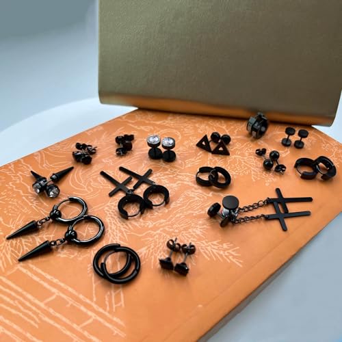 Image of 15 Pairs Earrings for Men, Black Stainless Steel Earrings Stud Kit for Men Women Fashion Piercing Jewelry Cross Dangle Hoop Earrings Set