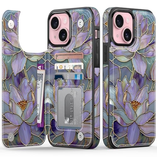 FUNMIKO for iPhone 14 Plus Wallet Case with Card Holder RFID-Blocking Military-Grade Protection & UV-Printed Artwork Magnetic Closure with Leather Kickstand - Dreamy Lotus
