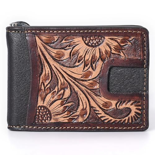 Genuine Leather Rodeo Bifold Money Clip Wallet For Men Women Brown With Floral Hand Carved Tooled2