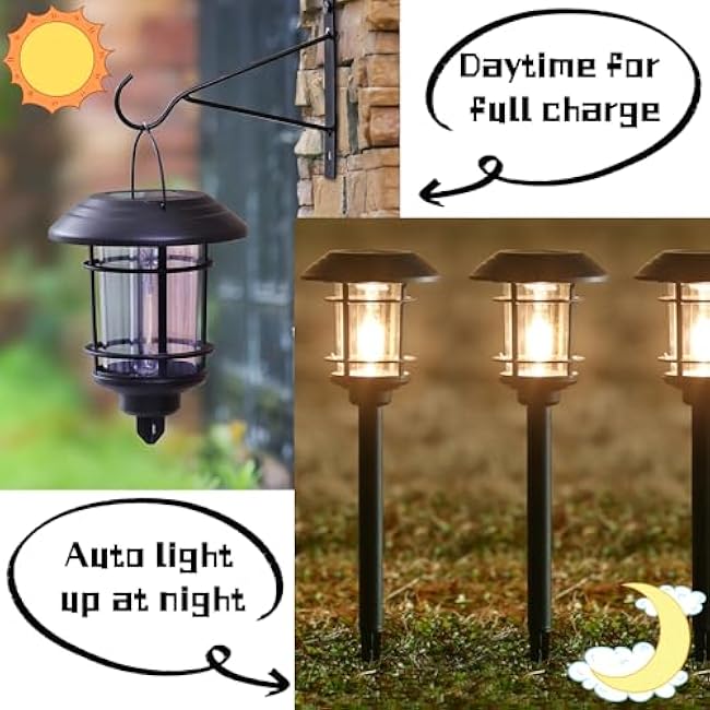 Dynaming 6 Pack Dual Use Solar Path Lights Outdoor, Hanging Lantern Solar Garden Lights with Edison Bulb, Landscape Lighting, Waterproof & Auto On/Off for Patio Pathway Walkway Driveway, Warm White