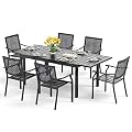 PHI VILLA Outdoor Patio Dining Table and Chairs Set of 7 Pieces Patio Furniture Set Metal Extendable Dining Table and 6 Black Chairs for Bistro Backyard Garden