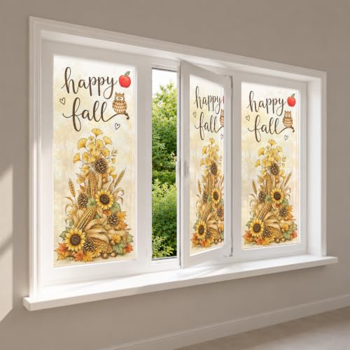 Image of Nuxovilar Fall Window Cling 17.7 x 39.4 in, White Frosted Harvest Owl | White frosted PVC helps obscure views for privacy, with an owl, sunflowers, corn and pinecones for classic harvest decor