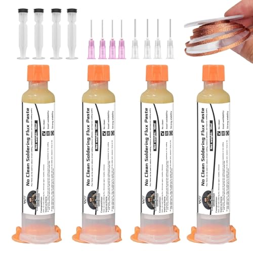 WAN2TLK Solder Flux Kit, 4pcs Soldering Flux with 8 Needles, 4 Pushers, Desoldering Wick - 40 g No Clean Flux Soldering Paste for BGA/IC/CPU/PCB/SMD Repair and DIY Projects