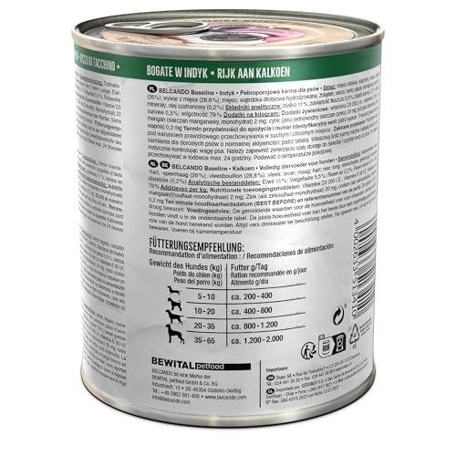 BELCANDO Baseline Nassfutter für Hunde, Truthahn, 6X 800g Dose, 70% Fleisch für ausgewachsene Hunde, Hundefutter nass ohne Getreide, Made in Germany