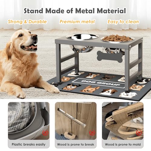 Adengl Elevated Dog Bowls, 10" Tall Height, Raised Bowl Stand With 2 Stainless Steel Food Feeder Bowls (60Oz) And Spill-Proof Mat For Medium Large And Small Breeds, Grey - 5