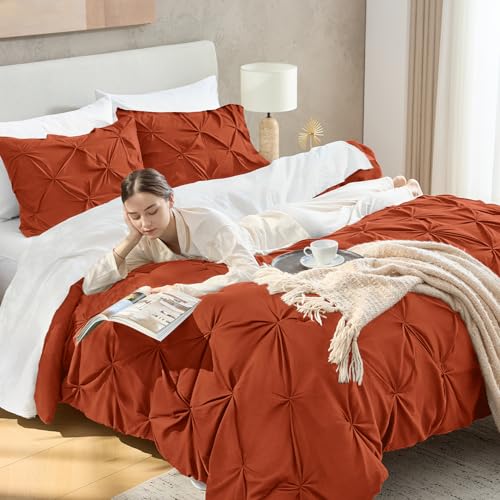 Image of Andency Queen Pinch Pleat Comforter Set (90 inchx90 inch),3 Piece Lightweight Pintuck Bedding Comforters & Sets, Fluffy Down Alternative Comforter with 2 Pillow Shams for All Season,Terracotta