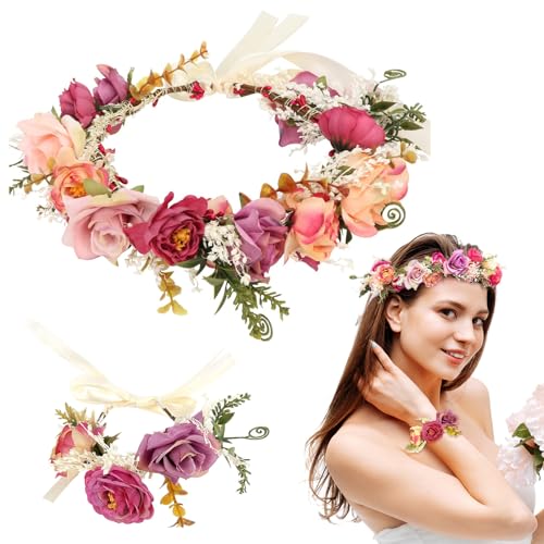 VZXQX Corona de Flores para Pelo Mujer, Ajustable Diadema Flores Mujer con Bracciale de Flor, Bohemia Diadema Boda Guirnalda Floral para la Cabeza, para Fiesta Playa Nupcial Carnaval Disfraz