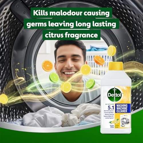 Image of Dettol 5 in 1 Washing Machine Cleaner & Descaling Liquid for top load and front load| Lemon 250ml | Removes Limescale, Dirt and Bad odour | Kills 99.9%* Bacteria | Pack of 4