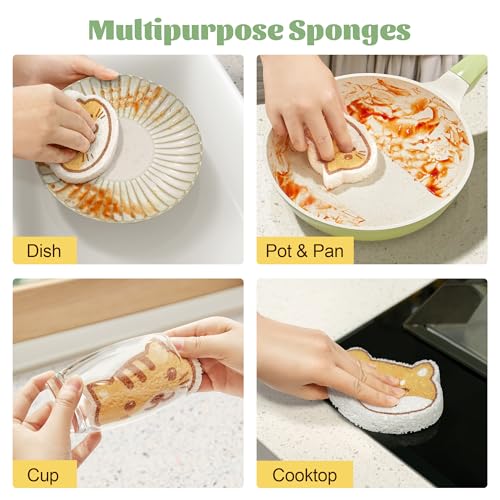 Image of JOYMOOP Cartoon Kitchen Sponge, Non-Scratch Sponges for Dishes, Natural Cellulose Sponges for Cleaning, Reusable Sponge for Household Cleaning - 18 Pcs Mixed Pattern (Kitten, Doggy and Piggy)