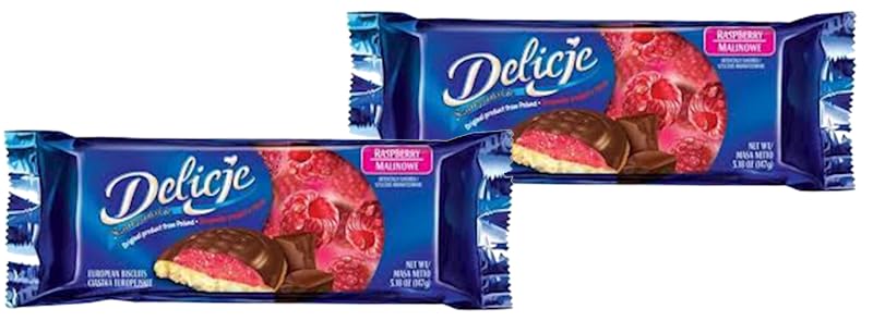 Delicje - Galleta suave cubierta con chocolate (paquete de 2) - Relleno de frambuesa, 5.19 oz