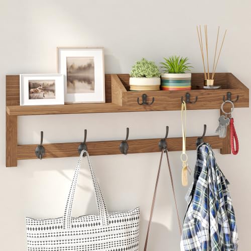 Image of AMBIRD Wall Hooks with Shelf, 26.57 Inch Entryway Wood Coat Hooks for Wall with Shelf, Coat Rack Wall Mount with 5 Dual Hooks 3 Key Hooks Mail Organizer and Key Rack Holder (Brown)