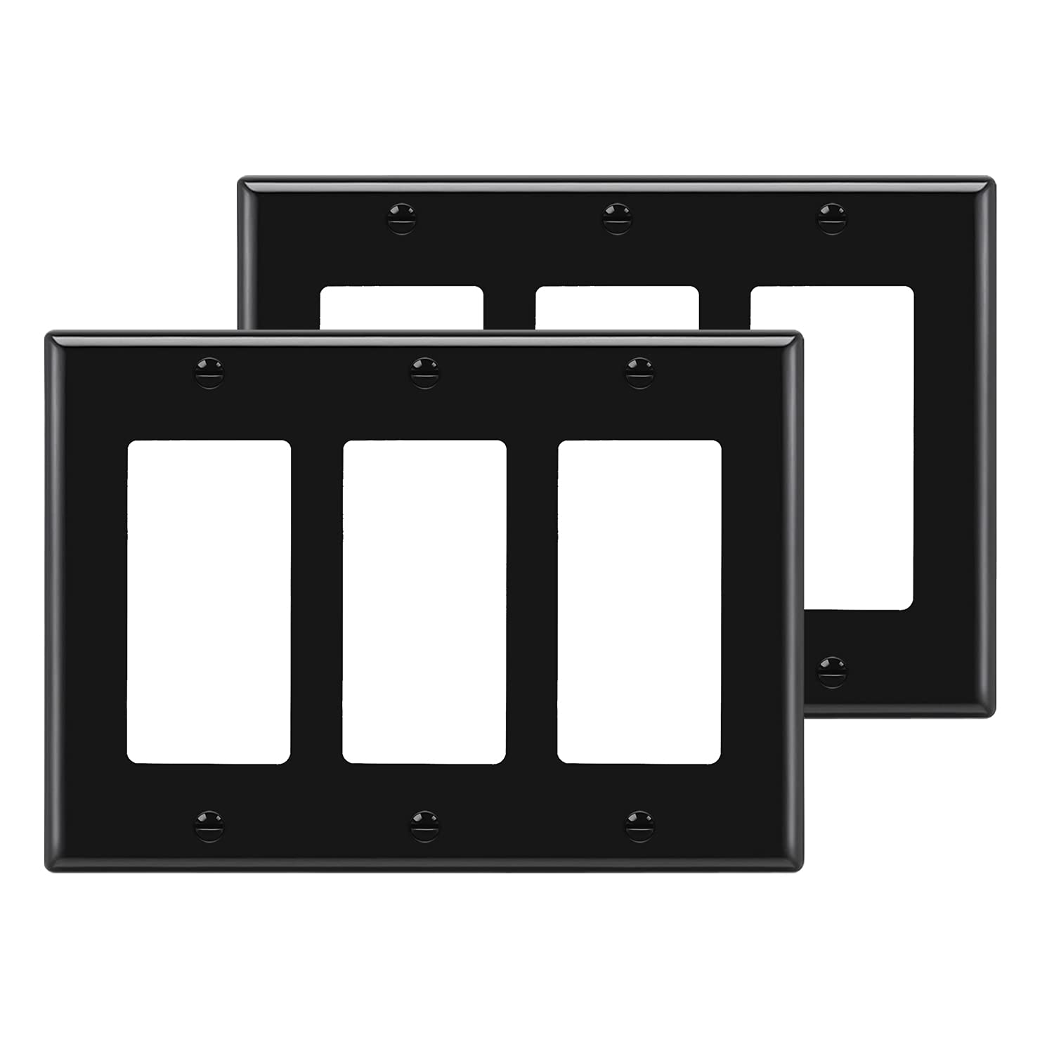[2 Pack] BESTTEN 3 Gang Black Decorator Wall Plate, Standard Size, Unbreakable Polycarbonate Outlet and Switch Cover, H4.53” x W6.38”, UL Listed