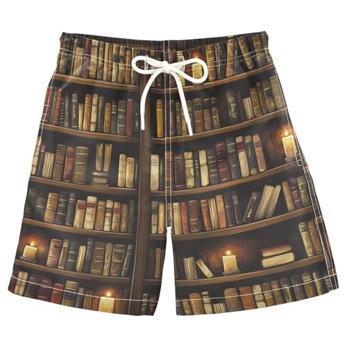 Boys Beach Board Shorts Vintage Library Book Swim Trunk Teen Swimwear 8-16Y Multicolor