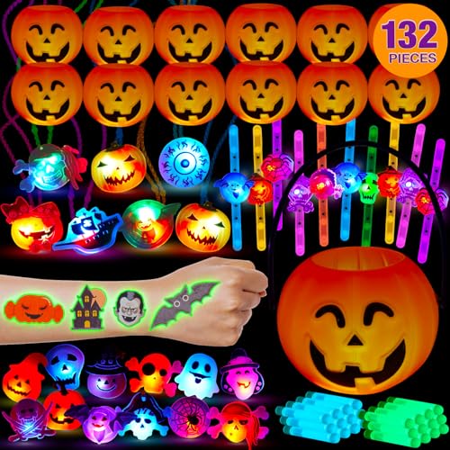 Halloween Party Favors Toys for Kids - 132 Pcs Halloween LED Light Up Rings Watches Necklaces Glow Sticks with Halloween Pumpkin Bucket , Halloween Toys Glow in The Dark, Non Candy Halloween Treats