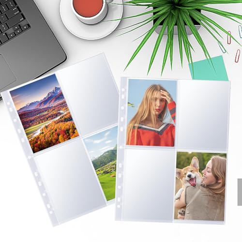 60 Pack A4 Fotohüllen mit 480 Taschen, Transparent Postkartenhüllen für A4 2/3/4 Ringbuch, Doppelseitiger Foto Seitenschutz mit 4 Fächern, Top Loading Fotoalbum Nachfüllseiten