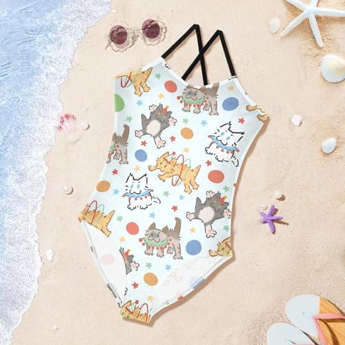 Girls One Piece Swimsuits Cute Kitty Circus Blue Cute Swimwear Bathing Suits 3-10T4