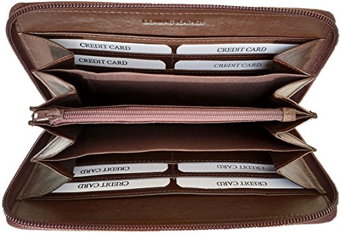 CLAIRE-FONCET Grande CLEORE Damenbrieftasche, aus echtem Rindsleder, weich und geschmeidig, zentrale runde Reißverschlussöffnung, 8 Kartenfächer, 4 große Fächer (BRAUN)