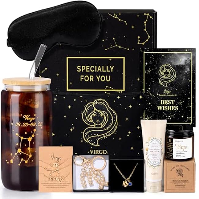 14PCS Virgo Birthday Gifts for Women, Virgo Astrology Gifts for Women Bakets, 12 Zodiac Gifts for Woman Friends Female Friendship, Vir Astrological 16 oz Glass Cups Candles Necklace with Gift Set Box
