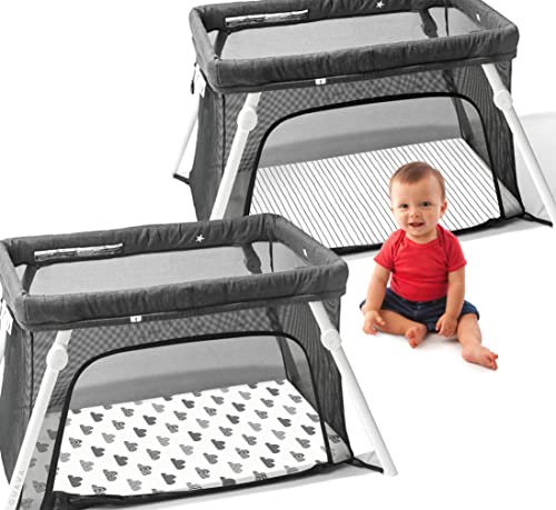 100 organic cotton fitted travel cribplayard sheets for guava lotus babybjorn dream on me baby joy and all 2434 x 4234 padsmattresses safety strap holes in corners 2 pk clouds and stripes