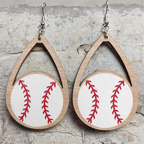 2 Pairs Lightweight Wooden Sports Ball Earrings Hollow Wood Dangle Drop Earring Vintage Baseball Basketball Statement Earrings Sports Game Jewelry For Women Girls Teen (Baseball) #TOP6