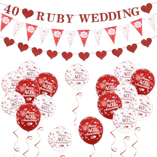 HZHSGLY 40th Wedding Anniversary Decorations Ruby Wedding Anniversary Decorations Including White and Red Balloon Heart Shaped Banners and Colorful Flags for Party Decorations(Red)