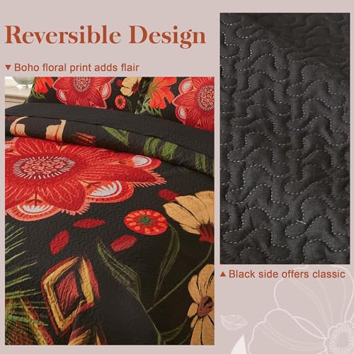 Image of Tyrot 3 Piece Black Red Boho Floral Quilt Sets King Size Farmhouse Reversible Lightweight Bedspread Coverlet with 2 Shams Vintage Mid Century Microfiber Bedding Quilts Set for All Season, 106''x96''