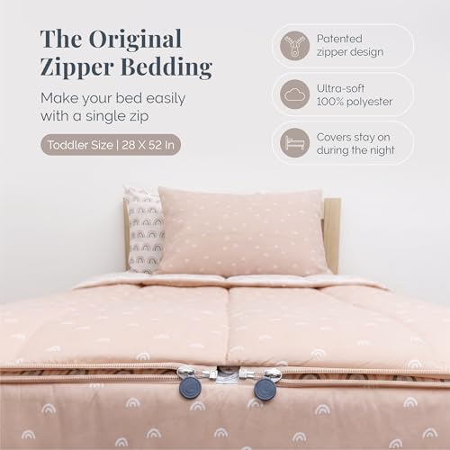 Image of Beddy's Rainbow Theme Durable Zipper Bedding for Kids - Bed in a Bag - White Rainbow Sheets & Peach Comforter - Includes Pillowcase & Sham - Easy to Make & Wash - Toddler